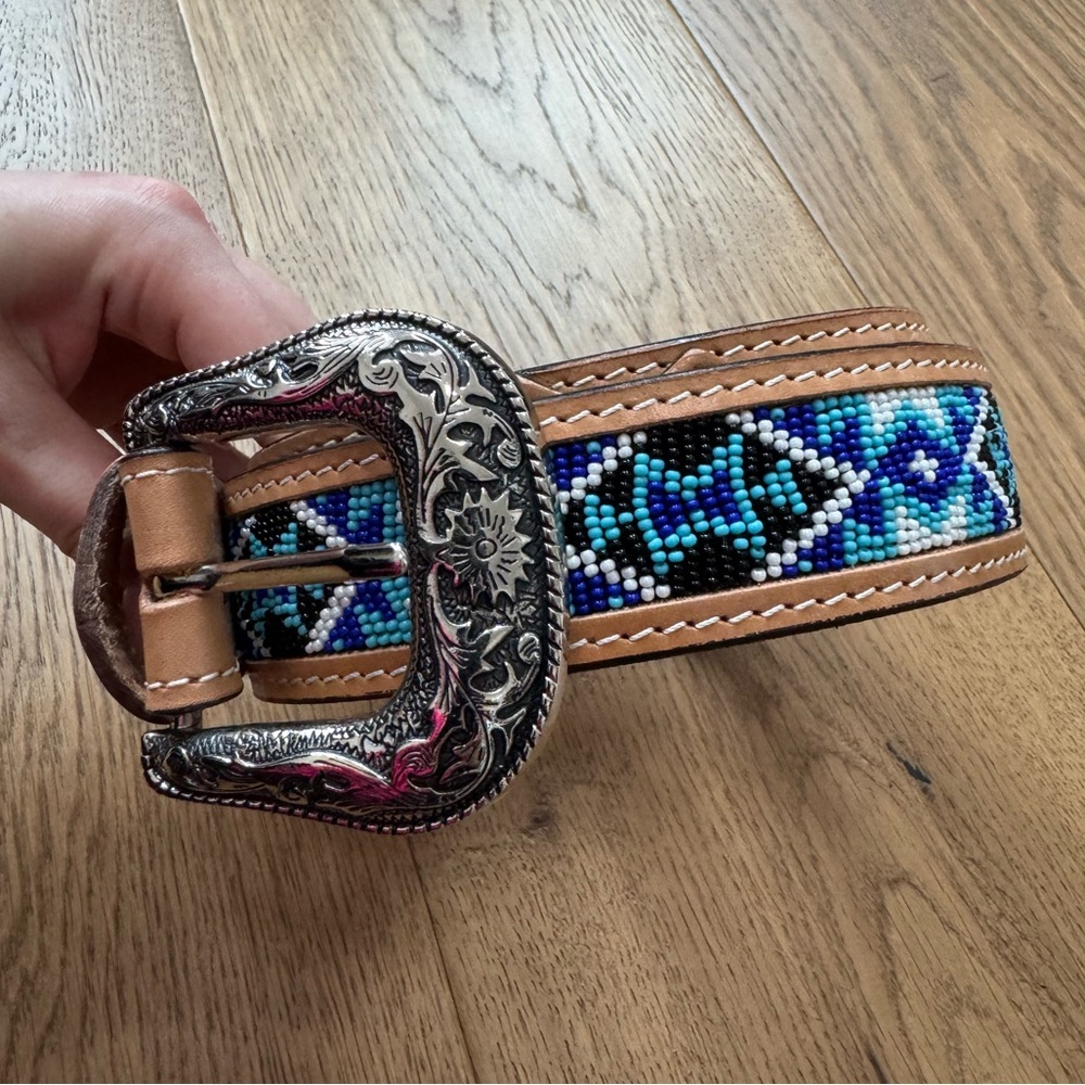 KO Trading Leather Beaded Western Aztec Print Belt - Size 36 - Blue & Brown